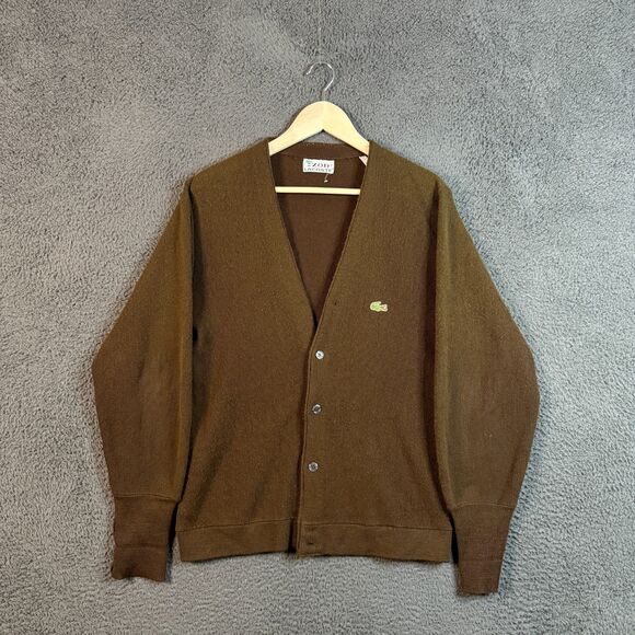Vintage IZOD Lacost Cardigan Mens Medium Brown Acrylic 90s - Picture 1 of 12